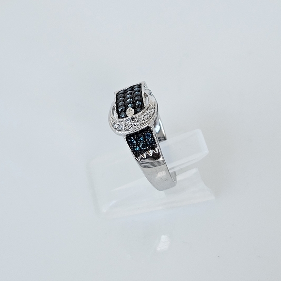 Genuine Blue & White Diamond Buckle Ring Sterling Silver Sz 7! - Picture 4 of 7